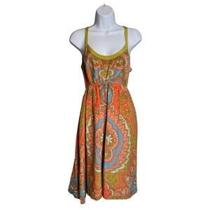 Anthropologie Moulinette Soures 100% Silk Orange Paisley Dress Size 6 Boho Flowy